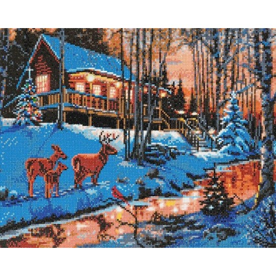 TOILE DIAMANT / CABINE EN FORET DANS UN CADRE AVEC LED